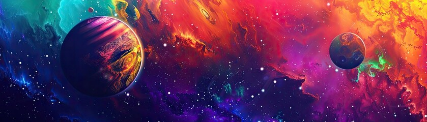 Wall Mural - vibrant cosmic scene featuring colorful planets amidst a swirling nebula, perfect for space-themed a