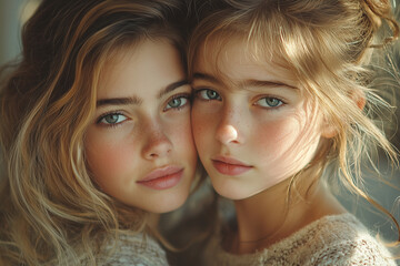 Wall Mural - A close-up image of a mother and daughter gently touching foreheads, capturing a moment of love and connection. The soft, natural light enhances the warmth and intimacy of the home environment.