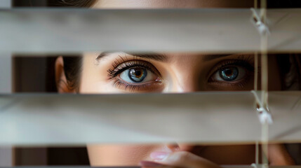 A woman's gaze carefully watching through blinds creates an atmosphere of mystery and observation. Her blue eyes stand out expressively against the muted light