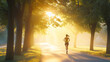 © mittpro - A fit young woman jogging along a tree-lined path in the early morning, with sunlight filtering through the leaves, symbolizing health and vitality