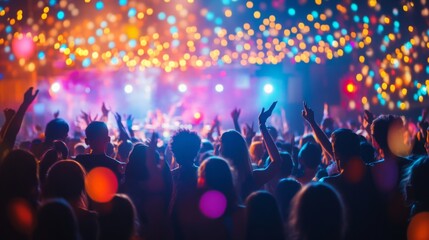 Poster - People enthusiastically raise their arms, immersed in the excitement of a musical event illuminated by brilliant lights.