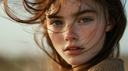 Wall Mural - A detailed shot of a young woman with wind-swept hair, with her face slightly turned, highlighting her facial contours and natural beauty against a soft, blurred background.