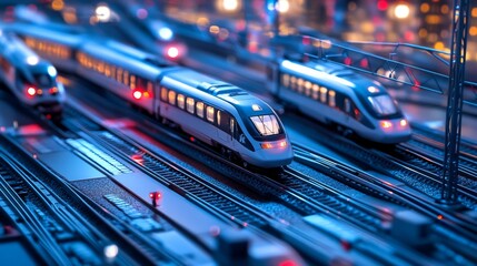 Poster - A detailed shot of an electric train station with multiple tracks and trains, featuring passengers boarding and alighting, and modern infrastructure.