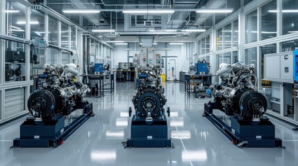 Wall Mural - A clean and organized engine testing facility, with multiple engines set up for performance evaluations, showcasing the rigorous testing protocols in place.