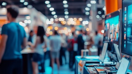 Poster - People engage in conversations and explore various technology displays at a bustling conference venue.