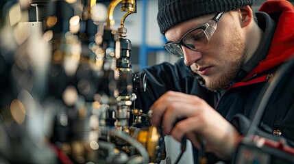 Wall Mural - A technician performing a compression test on an engine, illustrating the diagnostic procedures used to assess engine health.