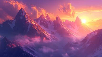 Poster - A detailed shot of the sun setting behind rugged mountain peaks, with the sky painted in shades of pink, purple, and orange, highlighting the dramatic landscape.