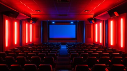 Poster - A darkened cinema hall featuring rows of empty seats illuminated by striking red and blue lights, ready for a movie screening.