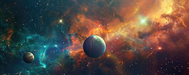 Wall Mural - a stunning cosmic scene featuring vibrant nebulae and distant planets, capturing the beauty and myst