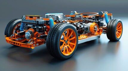 Wall Mural - A hybrid car's powertrain with its electric motor, battery pack, and internal combustion engine, illustrating the integration of multiple power sources for efficiency.