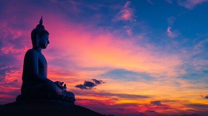 A dramatic silhouette of a Buddha statue against a vibrant sunset sky, with the serene and meditative pose highlighted by the colorful backdrop.