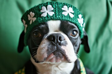 Celebratory terrier in green shamrock headband for st. patrick's day