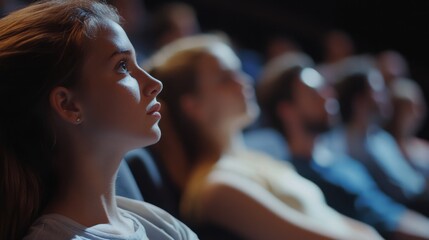 Aufkleber - A young woman observes intently, illuminated by the stage lights as she watches a performance in a crowded theater.