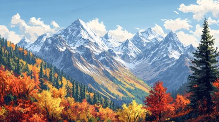 Poster - A high mountain range during autumn, with the vibrant colors of changing leaves contrasting against the rocky peaks and clear sky.