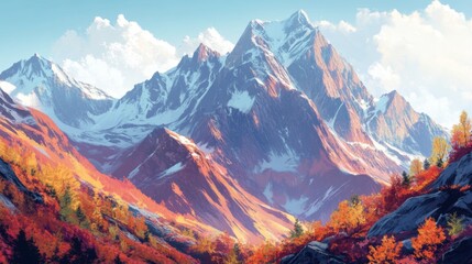 Poster - A high mountain range during autumn, with the vibrant colors of changing leaves contrasting against the rocky peaks and clear sky.