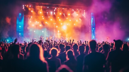 Poster - A large crowd is celebrating at a concert, surrounded by bright lights and smoke, with hands raised in excitement.