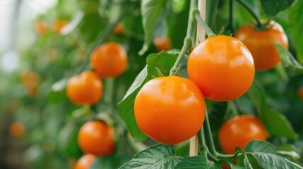 Closeup shot of a lush tomato plant with ripe orange tomatoes hanging from the vine in a garden setting showcasing natural fertilization methods used in a deep depth of field landscape