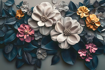 Wall Mural - A beautiful fantasy vintage flower wallpaper with color variation made from a 3d model of flowers and leaves