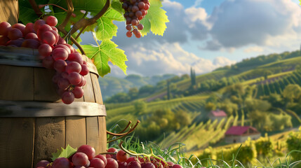 Ripe grapes cascade over an aged oak barrel, set against the sun-drenched beauty of rolling vineyards.