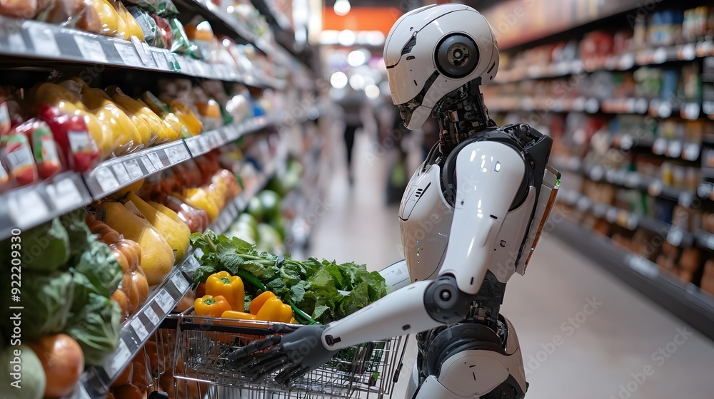 Humanoid Robot Grocery Shopping in a Modern Supermarket Aisle Stock ...