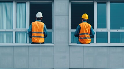 Two window installation workers in orange safety vests and hard hats standing in the window frame of a building under construction overseeing the renovation and installation process on the worksite