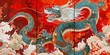 © Art Resources - Set of 3 wall art panels with an intricate dragon dance parade, painting on a deep red background, close up, split into three on white background
