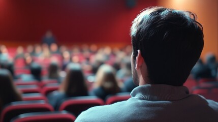 Poster - A person sits in a red-seated auditorium, attentively watching a speaker present at a conference.