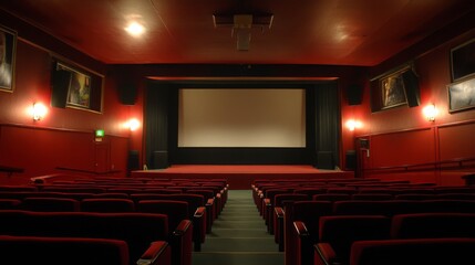 Poster - An empty classic theater features red velvet seats, an illuminated stage, and a large white screen for upcoming films.