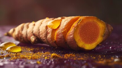 Poster - A minimalist close-up image of a turmeric cross-section with honey dripping over it, against a deep burgundy background. The strong contrast highlights the orange color of the turmeric and the reflect