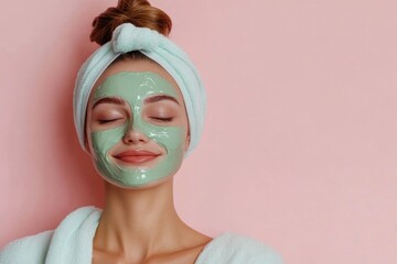 tranquil woman enjoying facial mask treatment on pastel background