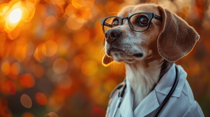 Dog wearing a doctor coat and medical stethoscope, cute animal working in healthcare 