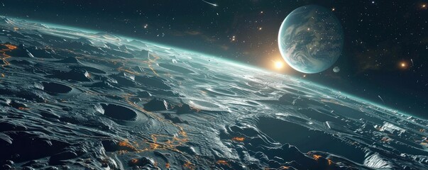 Wall Mural - stunning view of a distant planet rising over a lunar landscape, showcasing the beauty of outer spac