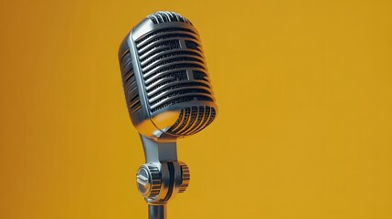 Vintage studio microphone, silver metallic finish, retro design, detailed grill, standing on microphone stand, pale yellow background, soft lighting, minimalist composition.