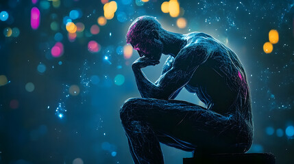 Poster - Digital Tech-Themed 'The Thinker' Statue Illustration