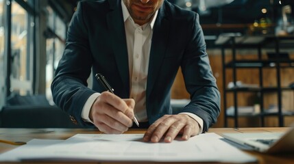 Poster - Close up young businessman standing near table with pen in hands, ready signing profitable offer agreement after checking contract terms of conditions, executive manager involved in legal paperwork