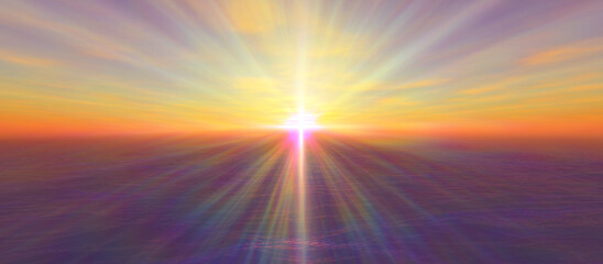 Wall Mural - sunset calmly sea sun ray 3d render illustration