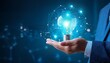 © Sophia - Glowing illuminated blue lightbulb in businessman hand with network connection line. Innovative idea and inspiration concept. Business man in suit holding creativity bulbs shining and glittering.