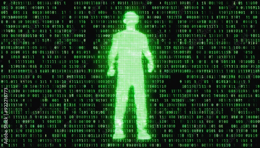 Digital binary code number on computer screen with video glitch effect ...