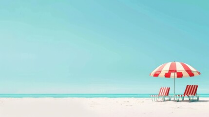 Wall Mural - Relaxing Beach Scene with Red and White Striped Umbrella