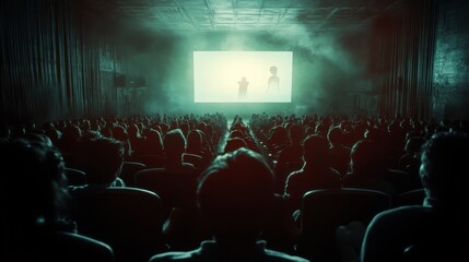 Poster - A large crowd sits in a vintage theater, captivated by a film projected on a bright screen, surrounded by low light and mist.