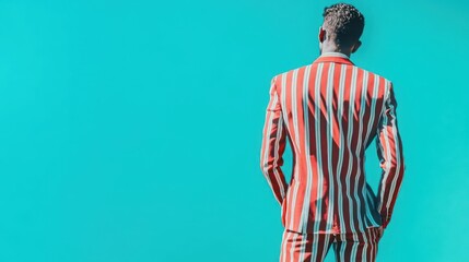 Wall Mural - stylish man in striped attire gazing at empty space cyan background