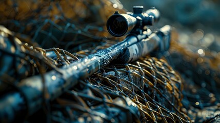 An atmospheric scene of a sniper rifle resting on a camouflage net in a rugged outdoor environment, highlighting the tactical and stealth nature of the equipment