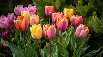 Poster - Close-up of colorful tulips in full bloom, set in a coniferous garden, capturing the essence of springtime beauty and renewal.