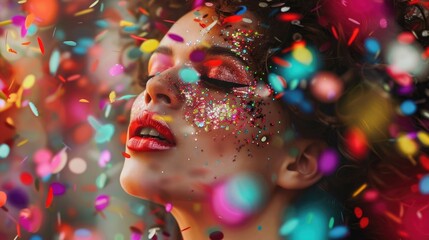 Wall Mural - colorful confetti falling on a glamourous fashion model, generative ai