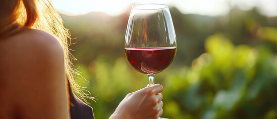 Wall Mural - A glass of red wine in a woman's hand, blurred background