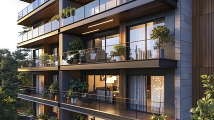 contemporary apartment building exterior with glass balconies an large windows with decorative elements.