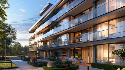 Poster - contemporary apartment building exterior with glass balconies an large windows with decorative elements.