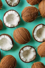 Wall Mural - Fresh coconut halves scattered on a vibrant turquoise background, showcasing their textured brown shells and creamy white insides