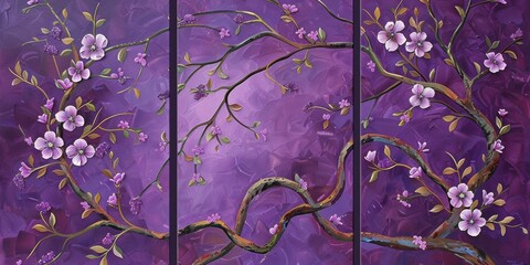 Set of 3 wall art panels with lush lilac vines intertwined with blossoms, painting on a rich purple background, close up, split into three on white background 