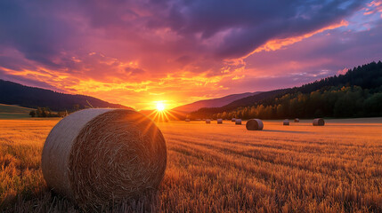 Poster - Sunset over a field of hay bales